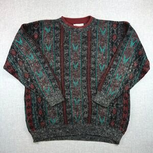 Vintage 90s JJ Cochran Geometric Knit Sweater Men XL Tall Gray USA Made Acrylic